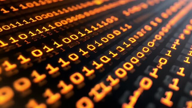 Abstract Digital Binary Code Grid with Orange Glowing Numbers on a Black Background