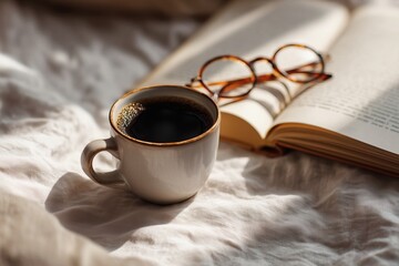 Relaxing morning scene: A cup of coffee and an open book with reading glasses on a white linen sheets illuminated by soft sunlight.