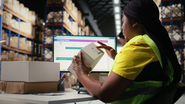 African american staff works on packages labeling for express delivery, ensuring accurate package tracking with a professional software. Worker processing orders in stock room. Camera A.