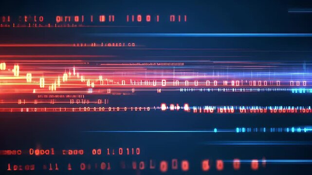Abstract Digital Data Stream In Blue And Red Tones With Dynamic Light Streaks And Binary Code Overlay - Powered by Adobe