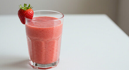 Glass of strawberry smoothie on a white tabletop