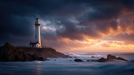 Naklejka premium Dramatic seascape with lighthouse at sunset.