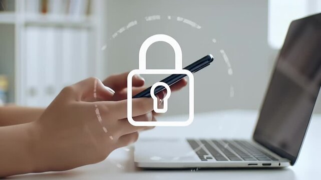 Hands Holding Mobile Phone with Security Lock Icon Overlayed over Laptop on Desk In Bright Room
