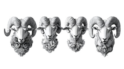 Monochrome Isolated Image of Four Sheep and Ram Heads