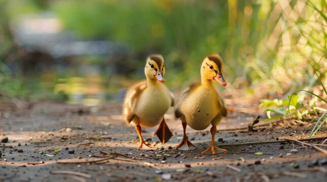 Ducklings on a Path: Two adorable ducklings waddle along a rustic path, a heartwarming display of springtime charm.