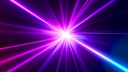 Fototapeta premium Bright purple and blue laser beams radiate from a central white light source against a dark background.