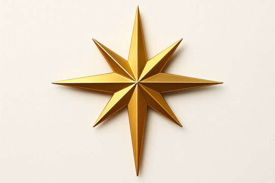 A radiant golden star with eight points shining brightly against a soft off white background view from above