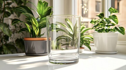 Empty Glass on Windowsill with Plants