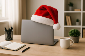 Santa hat resting on a laptop with a mug, notebook and pen on a desk in a bright office setting