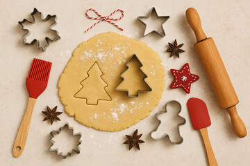 Christmas baking scene with cookie dough, cutters, rolling pin and other baking utensils on white surface