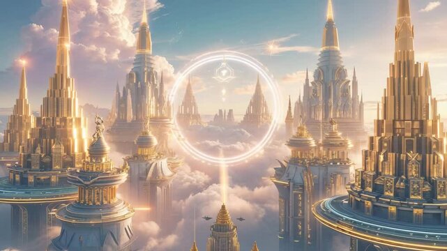 Aerial view to the city of Light made of crystals and gold, during sunset, fantasy scene of other world	