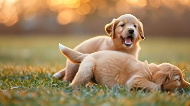 Playful Puppies' Sunny Day: Capture the pure joy of two golden retriever puppies as they frolic and play in a sun-drenched grassy field, creating a heartwarming scene.