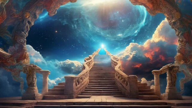 A grand staircase leads up to a vibrant, fantastical archway leading to Heaven and Realm of Angels and Gods