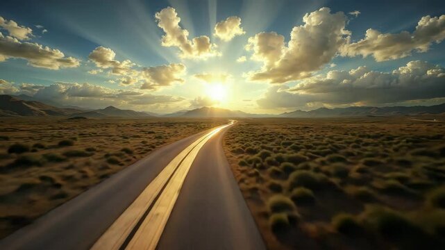 Aerial shot, flying at high speed over a road splitting into 3 possible ways, representing the choice of different paths in life, nature background with amazing cloudscape
