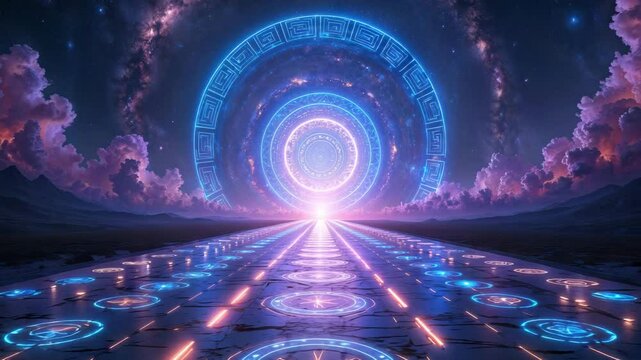 A sweeping aerial shot: A glowing, intricate mandala hovers above a mystical landscape of snow-capped mountains under a starry sky. Cosmic Fantasy background