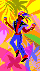 Obraz premium Carnival music festival dance songs. Cheerful dancing people in carnival costumes sing and dance young women and men at a masquerade festive abstract tropical background contemporary template vector