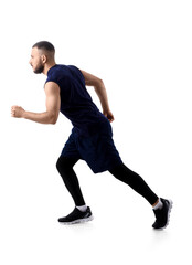 Sporty young man running marathon on white background