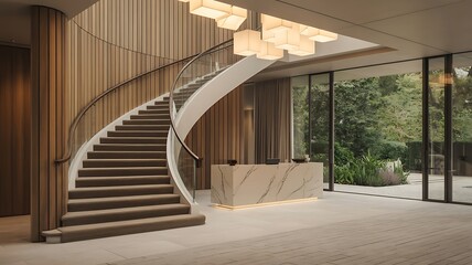 Fototapeta premium Modern reception with curved staircase marble desk and garden view