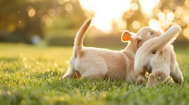 Playful Puppies in the Sunlit Meadow: Two adorable golden retriever puppies frolic and play in a lush green meadow, bathed in the warm glow of the sun.