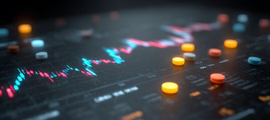 Futuristic crypto dashboard glowing like a travel map, scattered with colorful digital capsules