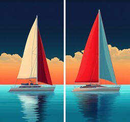 Two sailboats on calm water with colorful sails reflecting in the serene sea under a vibrant sunset sky with clouds