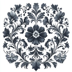 Fototapeta premium Intricate symmetrical floral design with elegant black and gray leaves and flowers on a white background, showcasing detailed swirls and natural forms in a decorative pattern