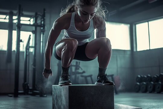 Focused young woman performing box jump exercise in a dimly lit gym with intense concentration and determination
