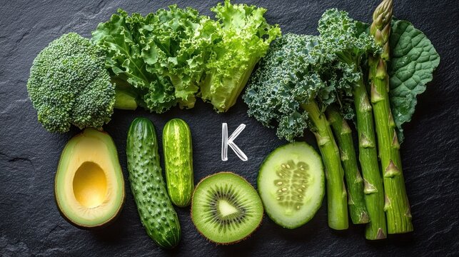 Variety of fresh green vegetables and fruits including broccoli, lettuce, kale, avocado, cucumbers, kiwi, and asparagus arranged on a dark surface with letter K