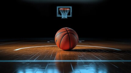 An orange basketball resting on the center court wooden floor of a dimly lit indoor basketball court with a hoop and backboard visible in the background