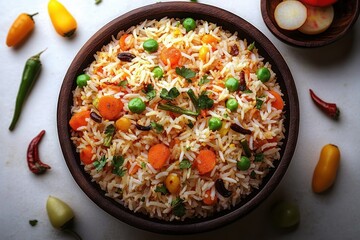 Bowl of colorful vegetable fried rice with peas, carrots, herbs, and small chili peppers presented on a white surface with whole fresh chilies scattered around