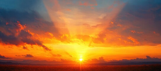 Vibrant sunset casting warm golden and orange rays over a vast open field with distant hills under a partly cloudy sky