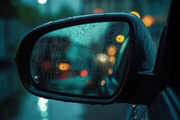 Close-up of a car side mirror covered with raindrops reflecting blurred city lights at dusk evoking a calm, contemplative mood