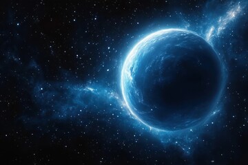 Obraz premium A glowing blue planet surrounded by stars and cosmic dust in deep space evoking a sense of mystery and vastness