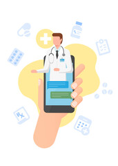 Illustration of a patient consults with a doctor through mobile phone stock illustration