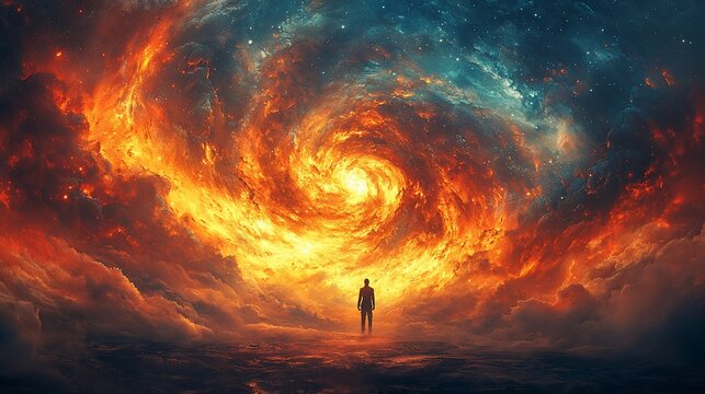 Solitary figure stands before fiery cosmic vortex