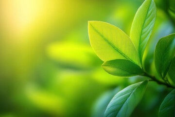 Close-up of vibrant green leaves with visible veins glowing softly in natural sunlight on a blurred green background