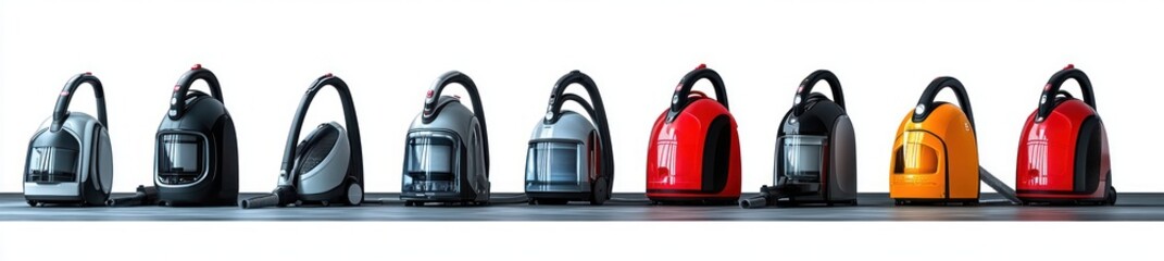 Naklejka premium Row of modern canister vacuum cleaners in various colors and designs displayed on a plain surface with a clean white background