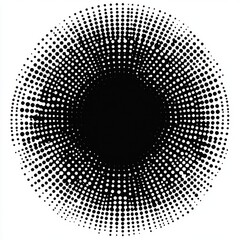 Black circular halftone pattern with varying dot sizes radiating from a dense center creating a dynamic, optical illusion effect on white background