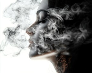 Fototapeta premium close-up profile of a serene woman surrounded by swirling smoke creating a mysterious and ethereal atmosphere
