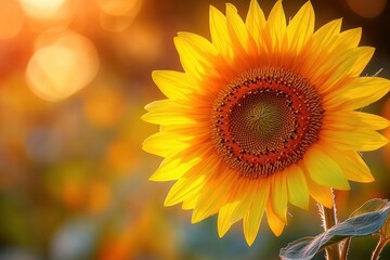Fototapeta premium bright yellow sunflower with detailed seeds and petals illuminated by warm golden sunlight against a blurred background evoking happiness and warmth