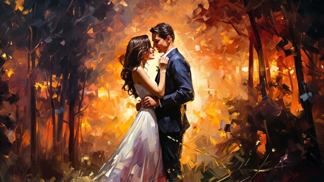Loving couple embracing each other. Man and woman hug and kiss each other. Impressionism style painting. Love and passion concept