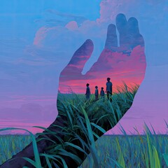 Hand holding family, field, sunset.  Possible poster