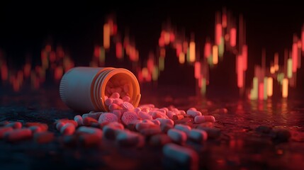 Animated candlesticks meet spilled crypto pills in a visually striking travel-themed fantasy