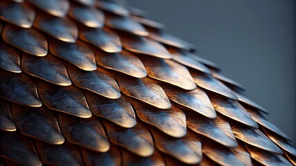 A close up view of overlapping metal scales creating a textured pattern surface