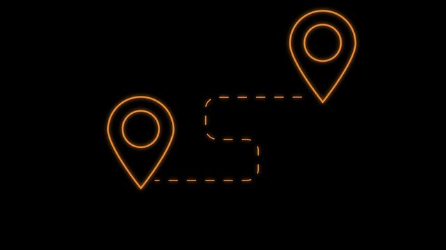 Animated destination, path, and route icon showing map, location pin, and dotted travel line.Location animation a to b traveling animation with dash line, Animated Location Pins with Red Dashed .4k
