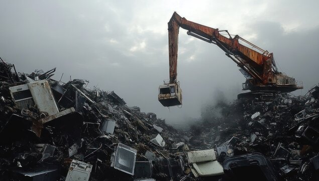 Large rusted excavator working on a vast scrapyard filled with discarded appliances and metal debris under a cloudy sky - Powered by Adobe