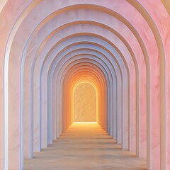 A series of arches receding into the distance with a bright light at the end of it