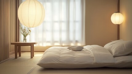 Minimalist Japanese bedroom with tatami floor, futon, soft lighting, and serene decor.