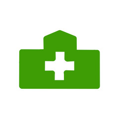 Obraz premium Hospital Icon – Medical Building with Cross Symbol・病院・医療施設のシンボルアイコン｜十字マーク入り建物ロゴ