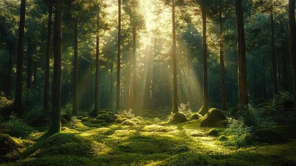 Fototapeta premium Sunlight filtering through tall trees in a dense forest illuminating a moss-covered forest floor with serene and peaceful atmosphere